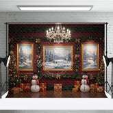 Aperturee - Aperturee Elegant Red Room Christmas Photography Backdrop Snowmen and Chandelier Traditional Holiday Photo Background
